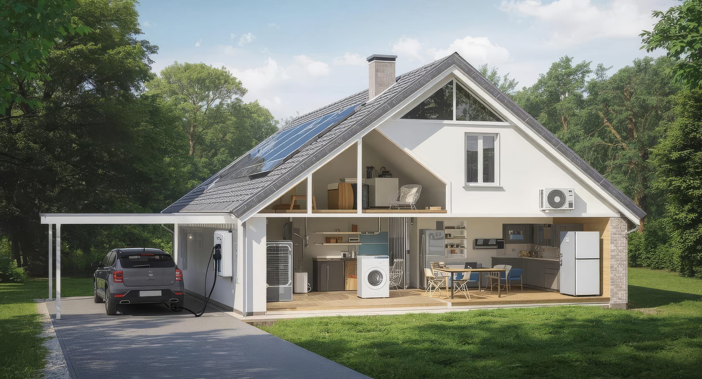 Einfamilienhaus mit Photovoltaik auf dem Dach, Batteriespeicher im Technikraum, Wallbox am Carport, Wärmepumpe an der Außenwand und Infrarot-Heizung in den Wohnräumen